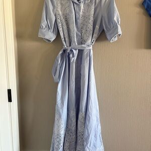NWT Light Blue Eyelet Button-Front Long Sleeve Dress with Waist Tie